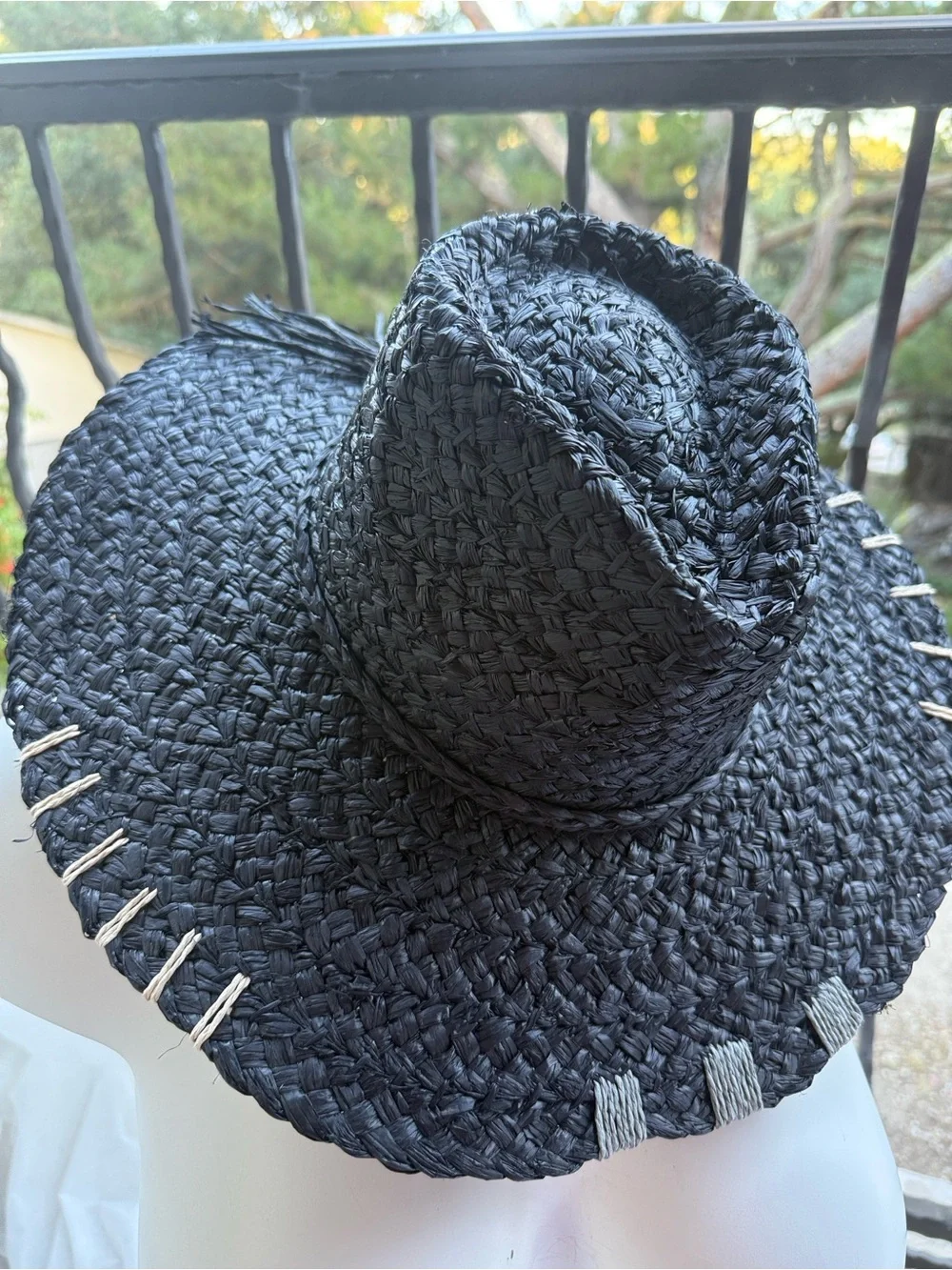NWT Black Hat Sun raffia 100% paper hand Stitching‎ details OS rancher floppy